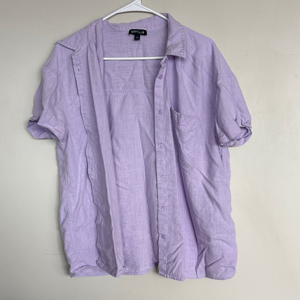 Express Lavender Linen Button Front Shirt Short Sleeve Pocket Women’s Large